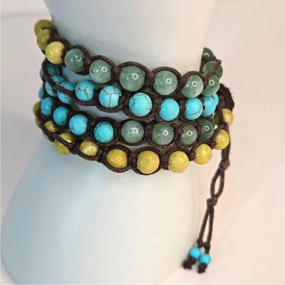 ⛱️🔥Stella & Dot Teal Yellow Jade Beads Long Wrap Corded Bracelet Necklace